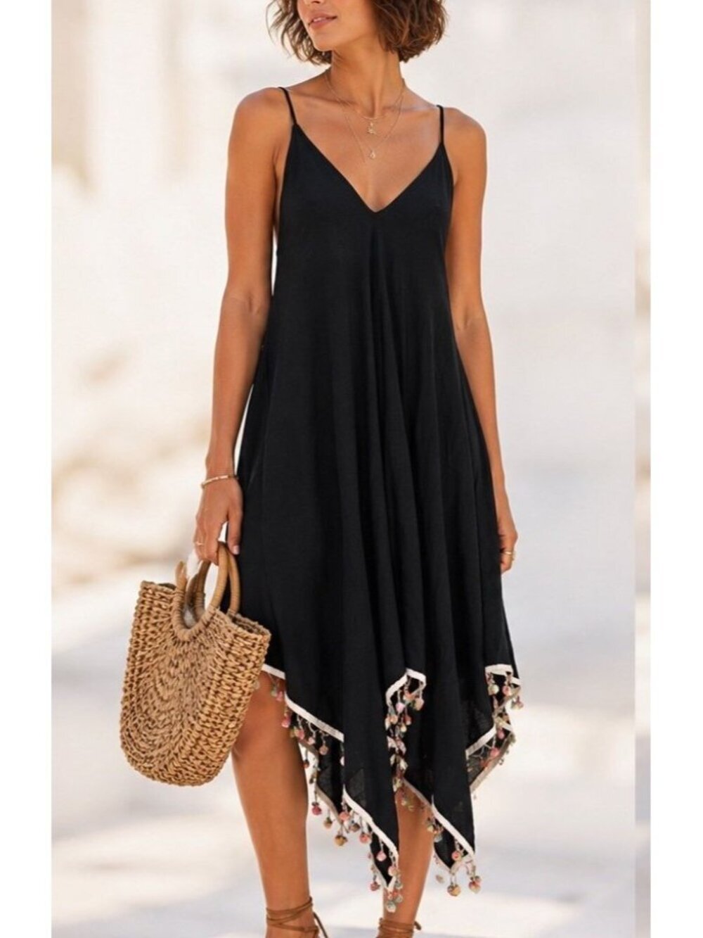 MIMI Black Dress Asymmetrical Pompom Beach Coastal Casual Boho Chic Grunge SMALL